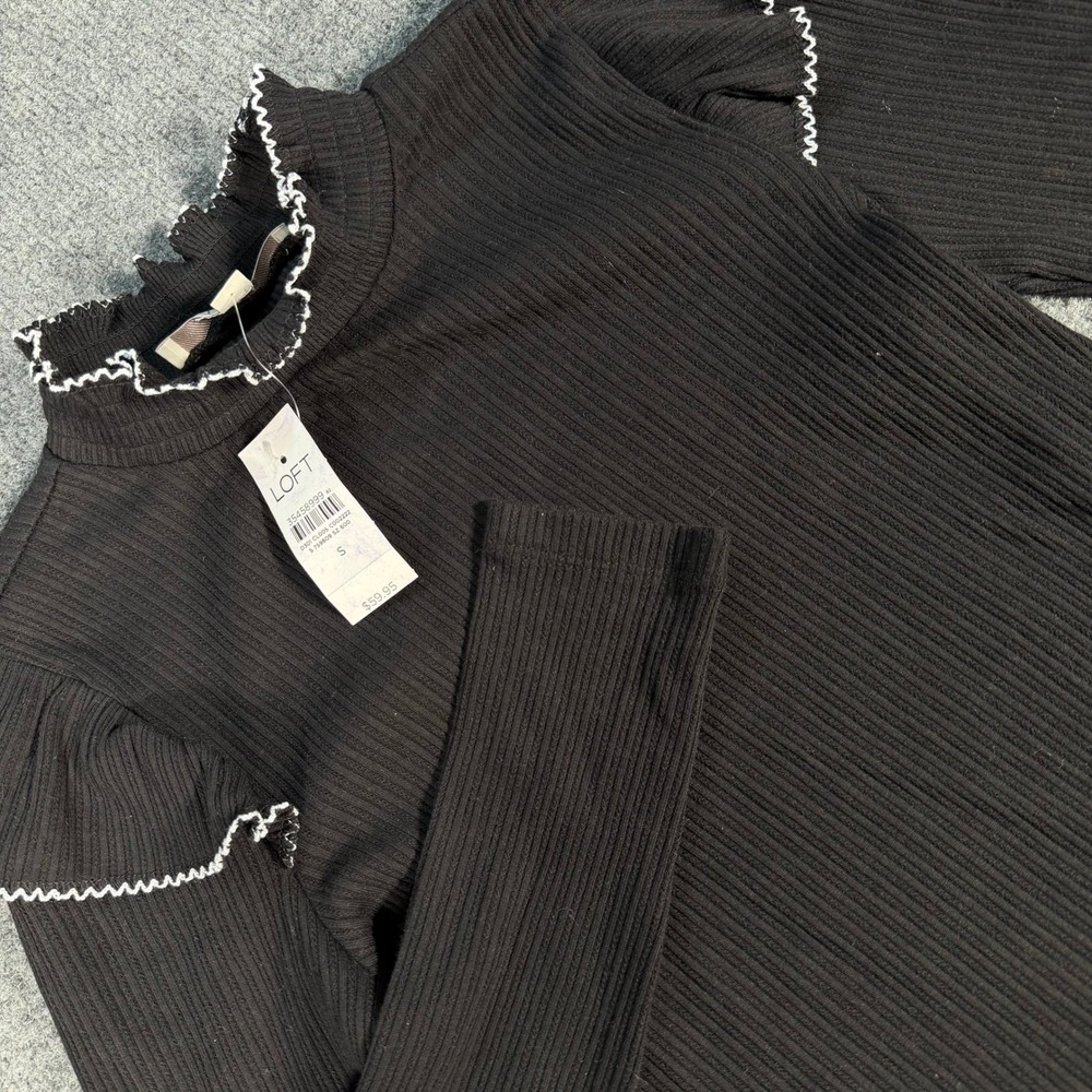 LOFT Womens Black Ribbed Ruffle Mock Neck Long Sleeve Top Small NWT #4460